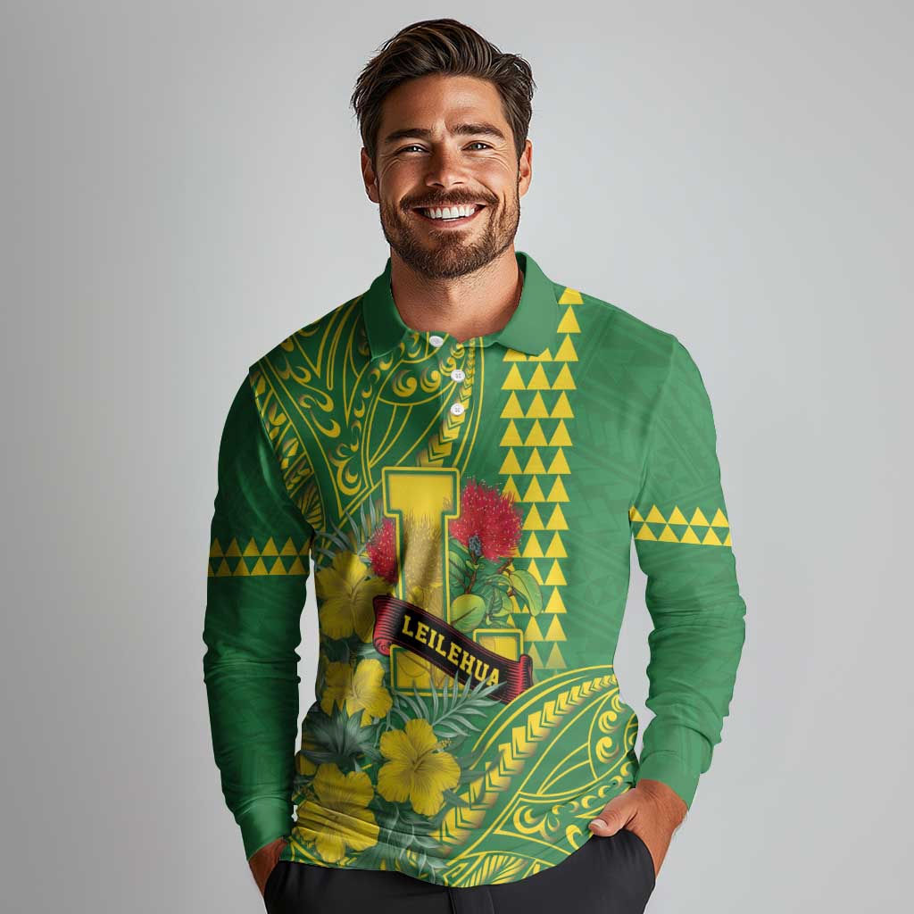 Personalised Hawaii Leilehua High School Long Sleeve Polo Shirt Tribal Tattoo With Hibiscus Flowers LT05 - Polynesian Pride