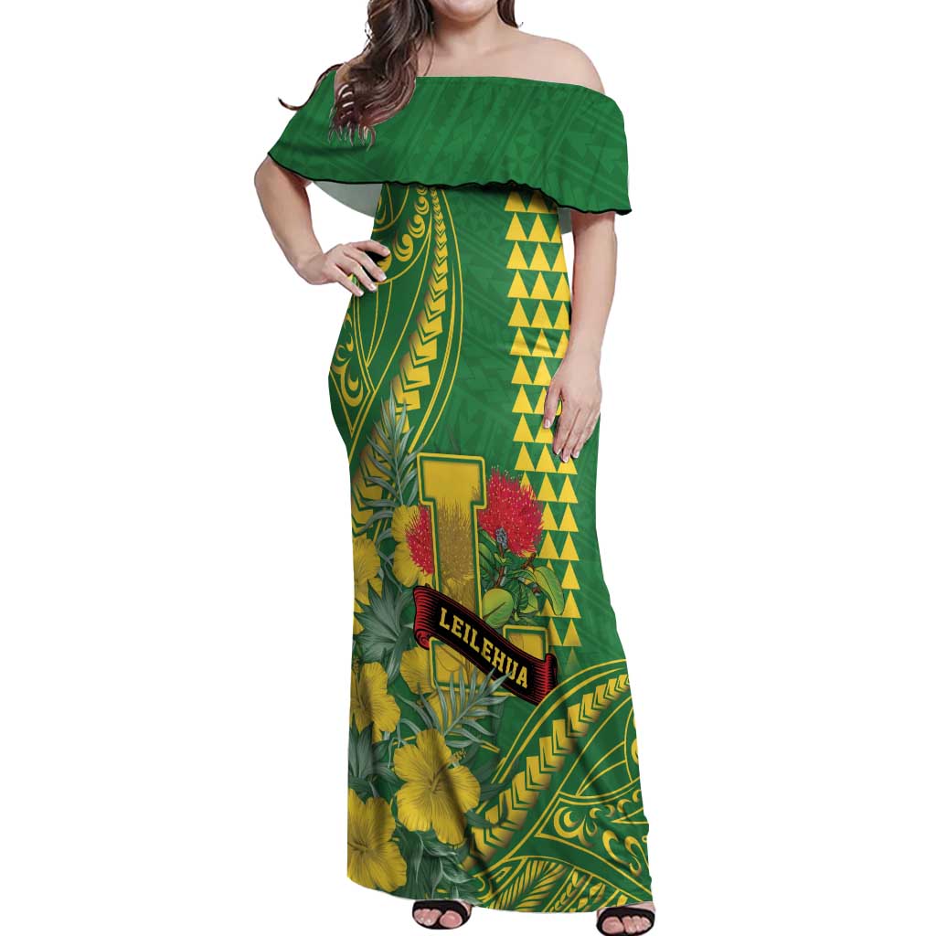 Personalised Hawaii Leilehua High School Off Shoulder Maxi Dress Tribal Tattoo With Hibiscus Flowers