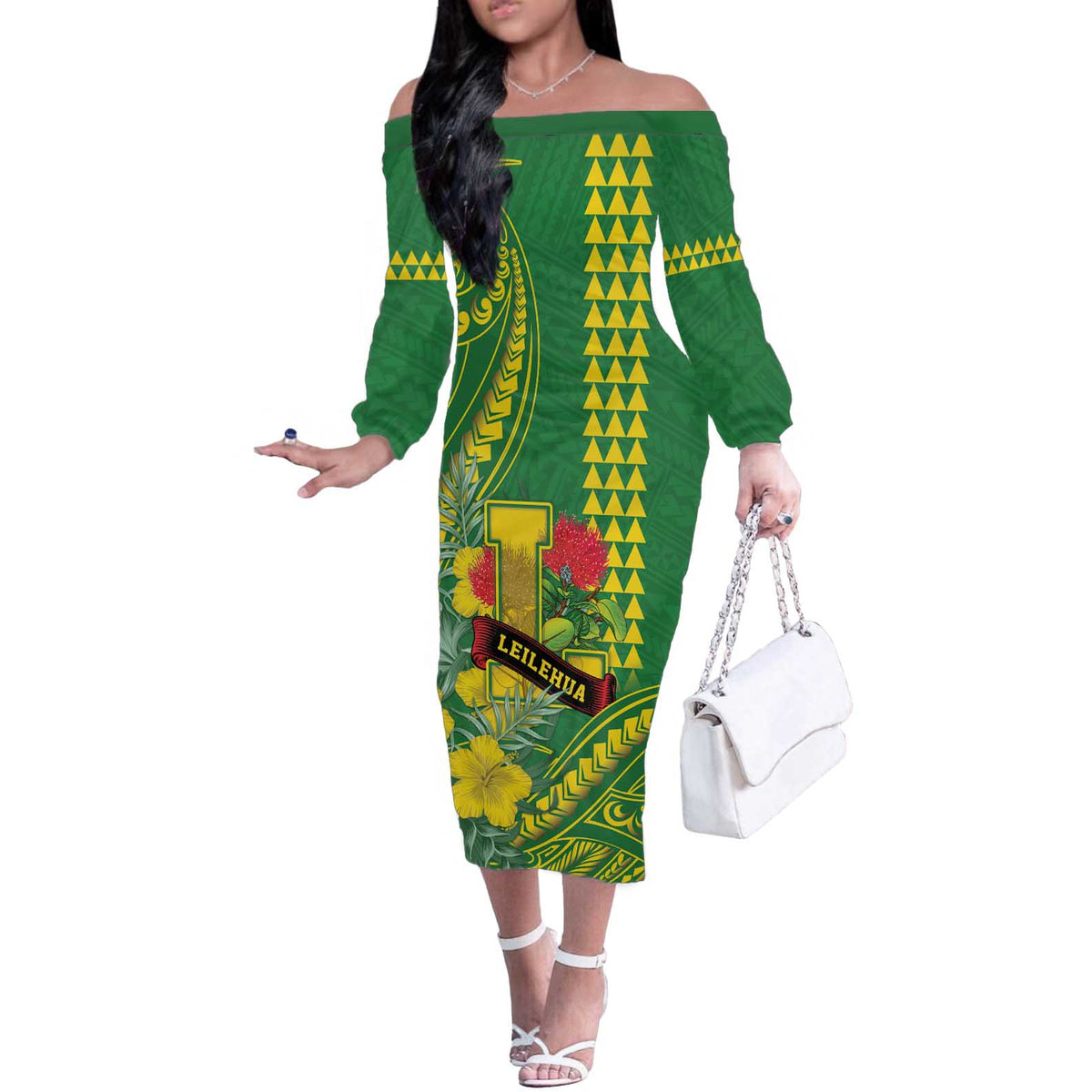 Personalised Hawaii Leilehua High School Off The Shoulder Long Sleeve Dress Tribal Tattoo With Hibiscus Flowers LT05 Women Green - Polynesian Pride