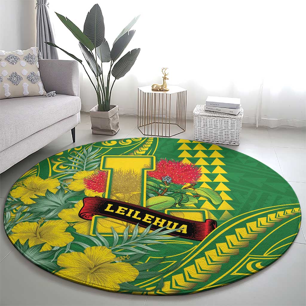Hawaii Leilehua High School Round Carpet Tribal Tattoo With Hibiscus Flowers