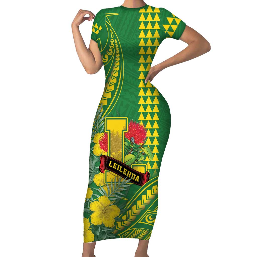 Personalised Hawaii Leilehua High School Short Sleeve Bodycon Dress Tribal Tattoo With Hibiscus Flowers LT05 Long Dress Green - Polynesian Pride