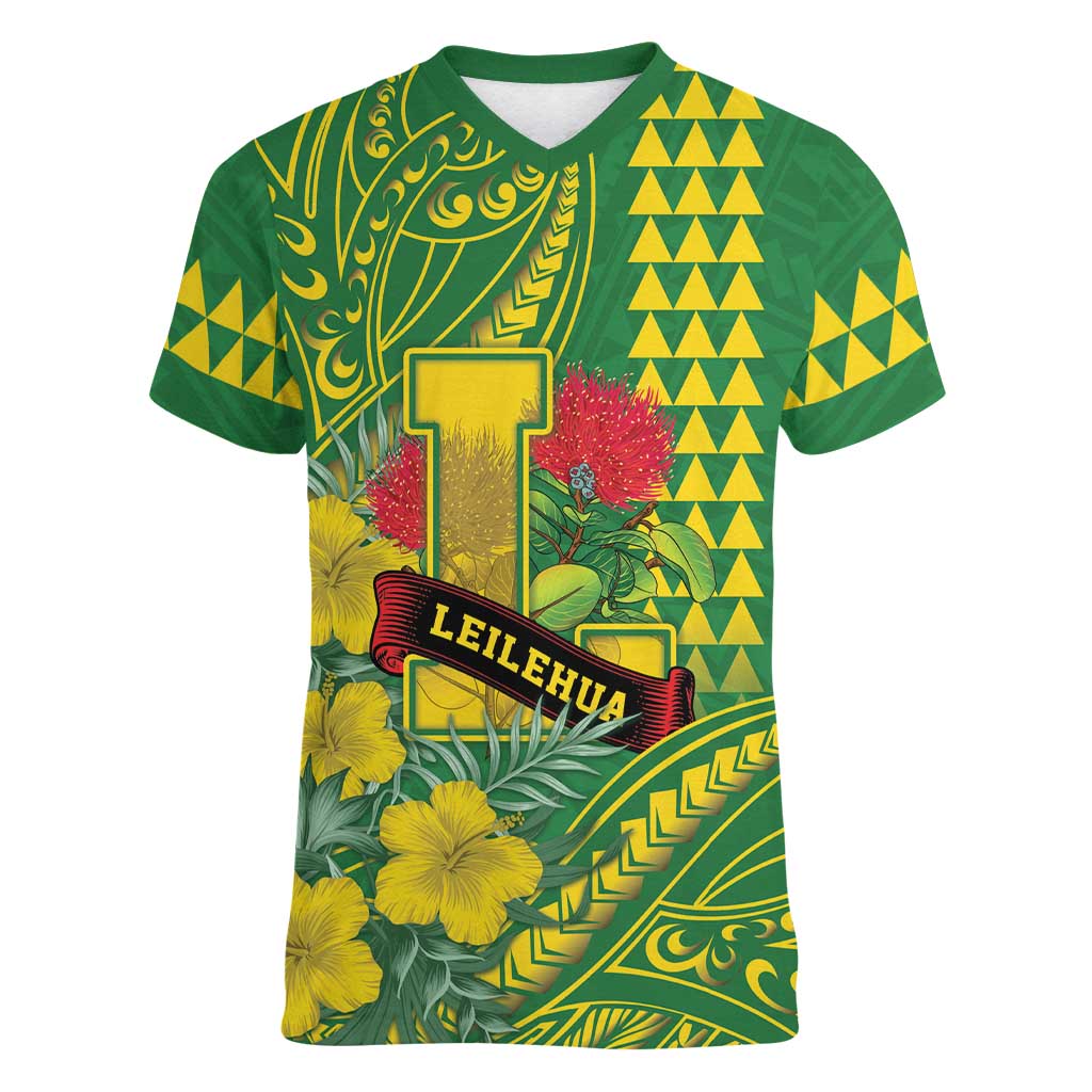 Personalised Hawaii Leilehua High School Women V-Neck T-Shirt Tribal Tattoo With Hibiscus Flowers LT05 Female Green - Polynesian Pride