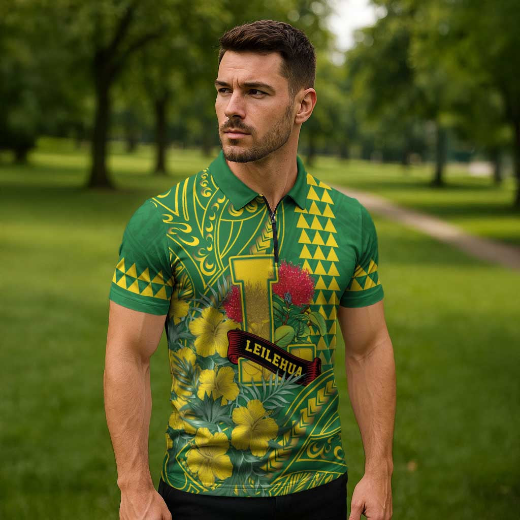 Personalised Hawaii Leilehua High School Zipper Polo Shirt Tribal Tattoo With Hibiscus Flowers LT05 - Polynesian Pride
