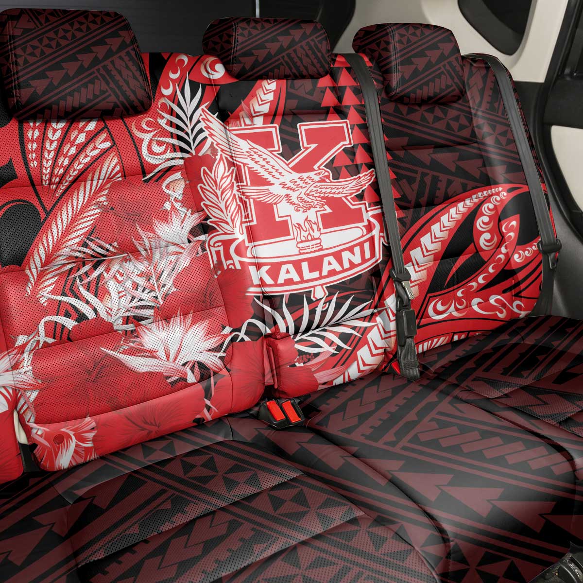 Hawaii Kalani High School Back Car Seat Cover Tribal Tattoo With Hibiscus Flowers