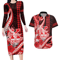 Personalised Hawaii Kalani High School Couples Matching Long Sleeve Bodycon Dress and Hawaiian Shirt Tribal Tattoo With Hibiscus Flowers LT05 Red - Polynesian Pride