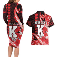 Personalised Hawaii Kalani High School Couples Matching Long Sleeve Bodycon Dress and Hawaiian Shirt Tribal Tattoo With Hibiscus Flowers LT05 - Polynesian Pride