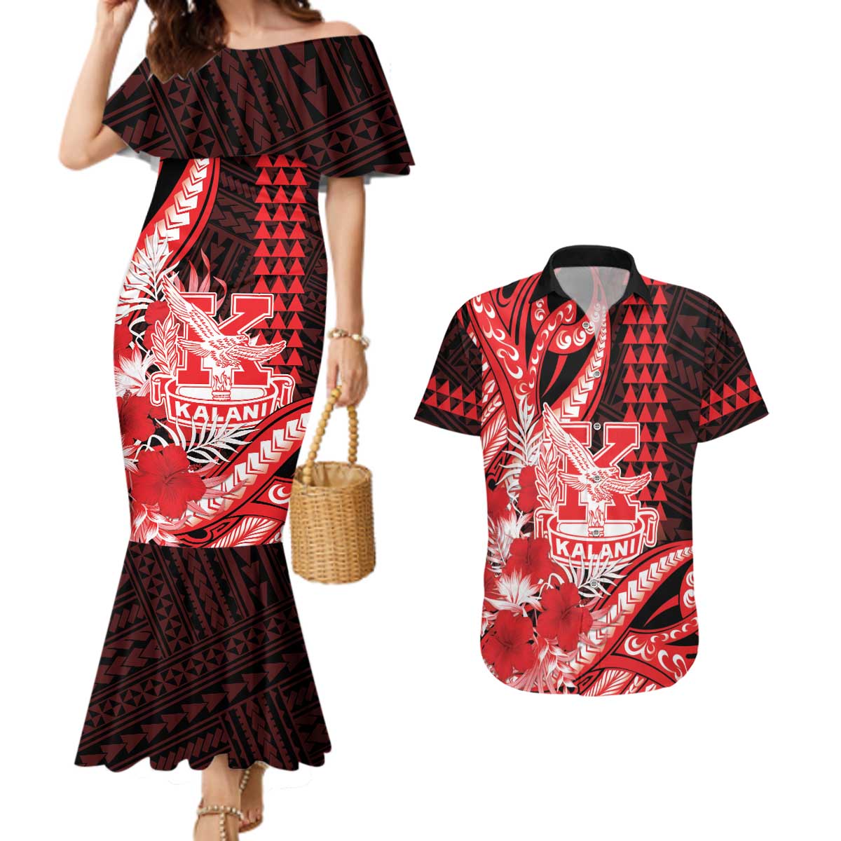 Personalised Hawaii Kalani High School Couples Matching Mermaid Dress and Hawaiian Shirt Tribal Tattoo With Hibiscus Flowers LT05 Red - Polynesian Pride