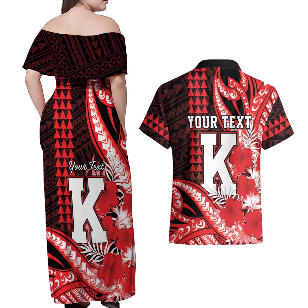 Personalised Hawaii Kalani High School Couples Matching Off Shoulder Maxi Dress and Hawaiian Shirt Tribal Tattoo With Hibiscus Flowers LT05 - Polynesian Pride