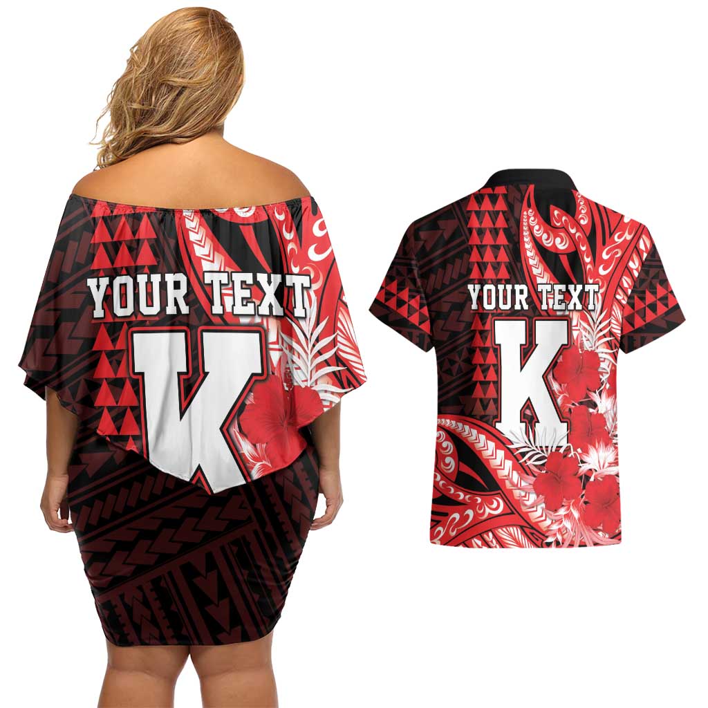 Personalised Hawaii Kalani High School Couples Matching Off Shoulder Short Dress and Hawaiian Shirt Tribal Tattoo With Hibiscus Flowers LT05 - Polynesian Pride