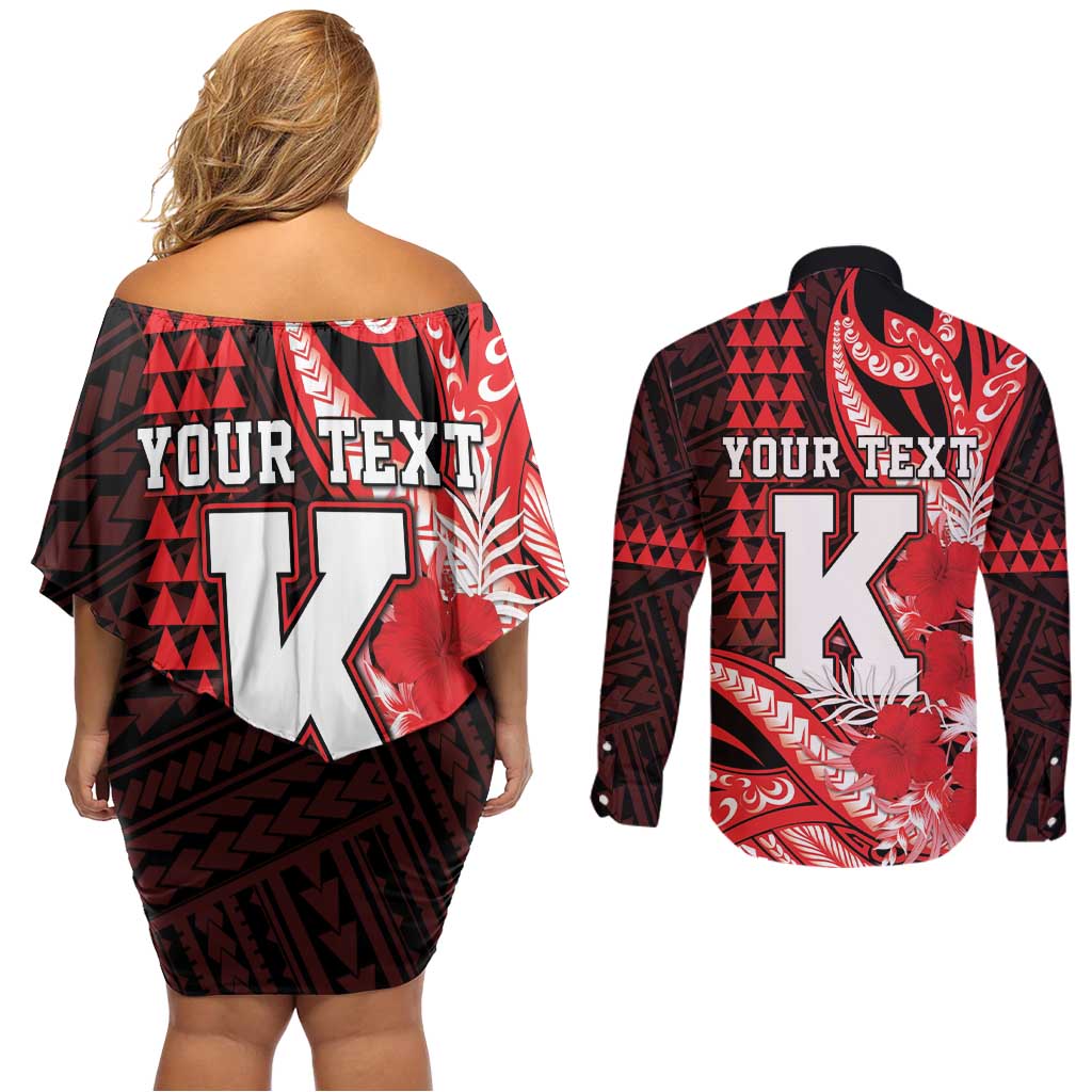 Personalised Hawaii Kalani High School Couples Matching Off Shoulder Short Dress and Long Sleeve Button Shirt Tribal Tattoo With Hibiscus Flowers LT05 - Polynesian Pride