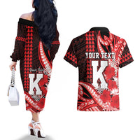Personalised Hawaii Kalani High School Couples Matching Off The Shoulder Long Sleeve Dress and Hawaiian Shirt Tribal Tattoo With Hibiscus Flowers LT05 - Polynesian Pride