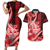 Personalised Hawaii Kalani High School Couples Matching Short Sleeve Bodycon Dress and Hawaiian Shirt Tribal Tattoo With Hibiscus Flowers LT05 Red - Polynesian Pride