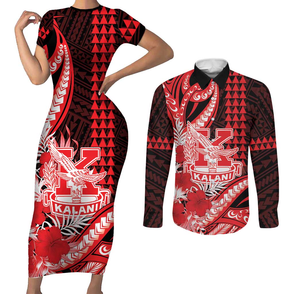Personalised Hawaii Kalani High School Couples Matching Short Sleeve Bodycon Dress and Long Sleeve Button Shirt Tribal Tattoo With Hibiscus Flowers LT05 Red - Polynesian Pride