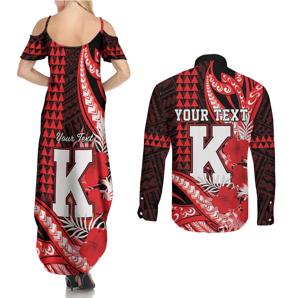 Personalised Hawaii Kalani High School Couples Matching Summer Maxi Dress and Long Sleeve Button Shirt Tribal Tattoo With Hibiscus Flowers LT05 - Polynesian Pride