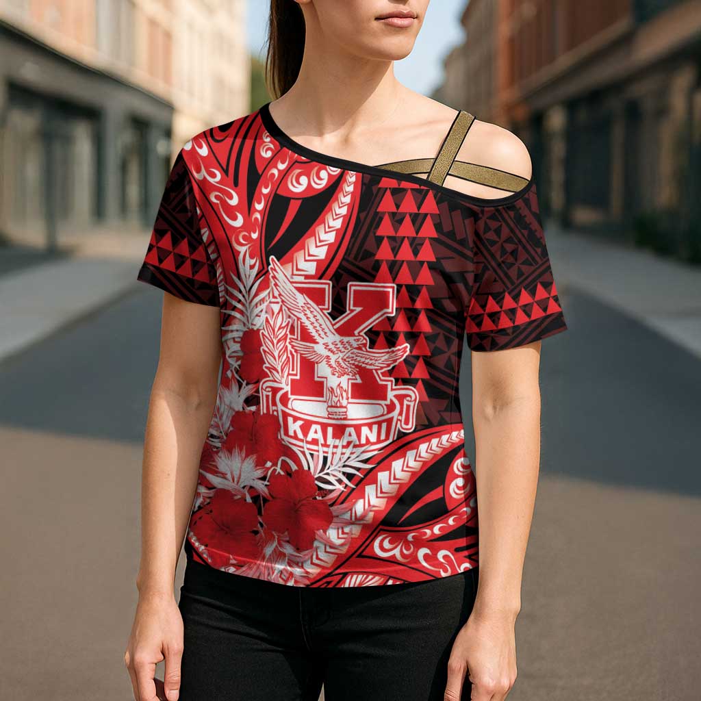 Personalised Hawaii Kalani High School Cross Shoulder Shirt Tribal Tattoo With Hibiscus Flowers