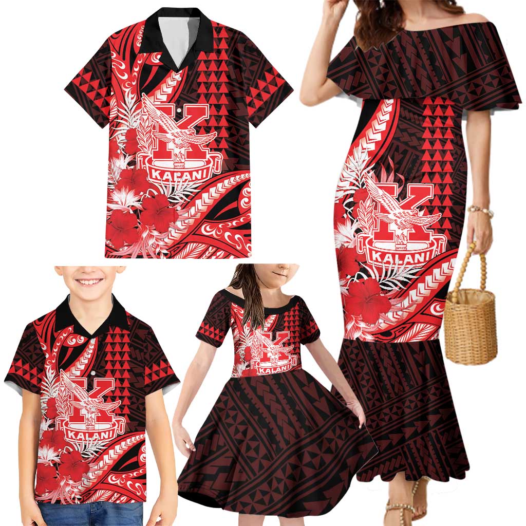 Personalised Hawaii Kalani High School Family Matching Mermaid Dress and Hawaiian Shirt Tribal Tattoo With Hibiscus Flowers LT05 - Polynesian Pride