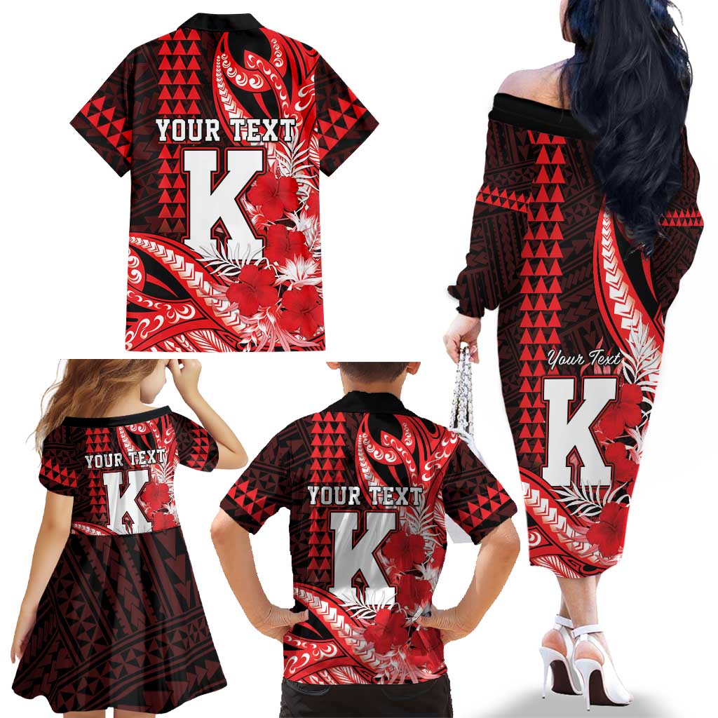 Personalised Hawaii Kalani High School Family Matching Off The Shoulder Long Sleeve Dress and Hawaiian Shirt Tribal Tattoo With Hibiscus Flowers LT05 - Polynesian Pride