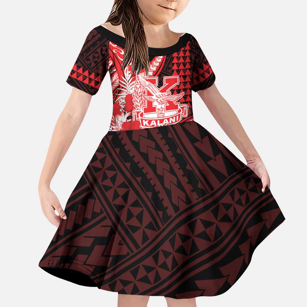 Personalised Hawaii Kalani High School Family Matching Off Shoulder Maxi Dress and Hawaiian Shirt Tribal Tattoo With Hibiscus Flowers LT05 Daughter's Dress Red - Polynesian Pride