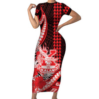 Personalised Hawaii Kalani High School Family Matching Short Sleeve Bodycon Dress and Hawaiian Shirt Tribal Tattoo With Hibiscus Flowers LT05 Mom's Dress Red - Polynesian Pride