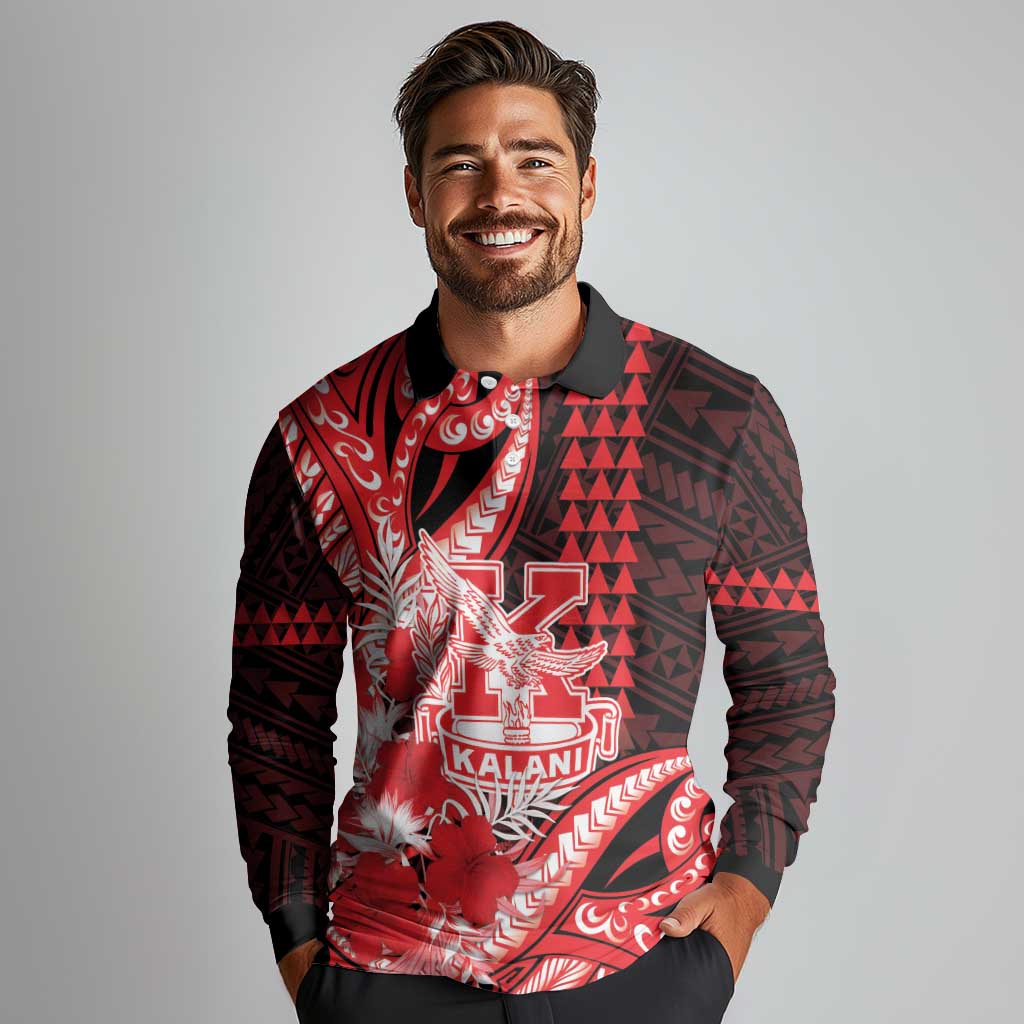 Personalised Hawaii Kalani High School Long Sleeve Polo Shirt Tribal Tattoo With Hibiscus Flowers