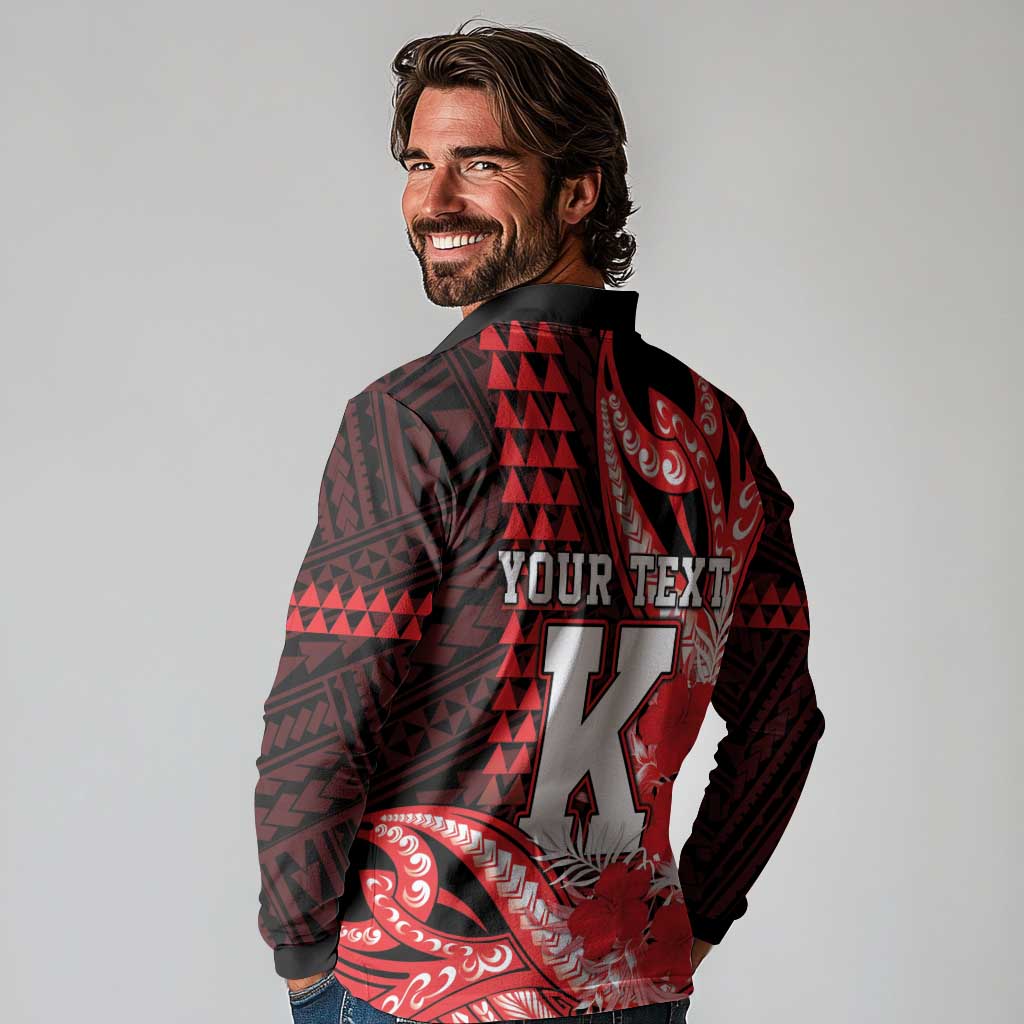 Personalised Hawaii Kalani High School Long Sleeve Polo Shirt Tribal Tattoo With Hibiscus Flowers