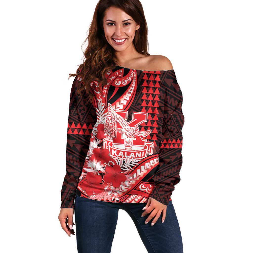 Personalised Hawaii Kalani High School Off Shoulder Sweater Tribal Tattoo With Hibiscus Flowers