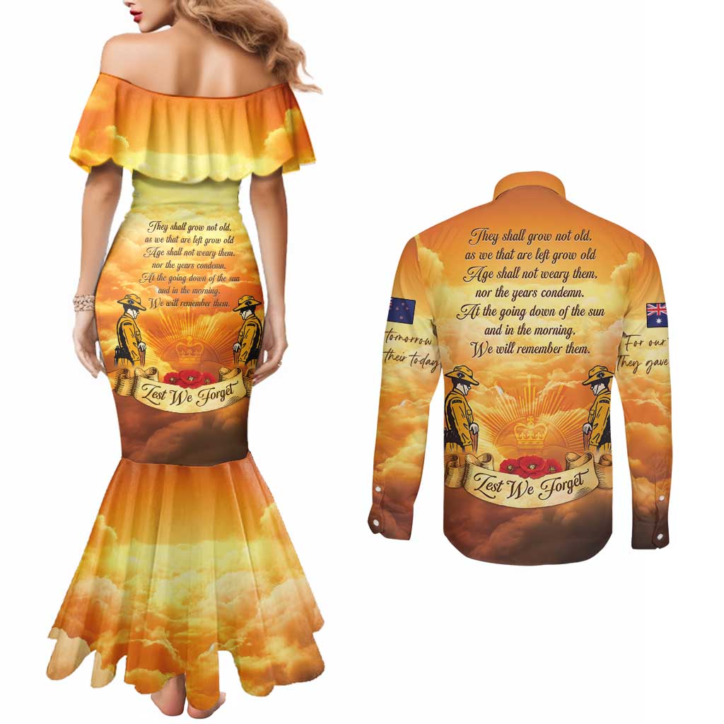 New Zealand And Australia ANZAC Day Couples Matching Mermaid Dress and Long Sleeve Button Shirt Sinai Palestine Campaign Lest We Forget LT05 - Polynesian Pride