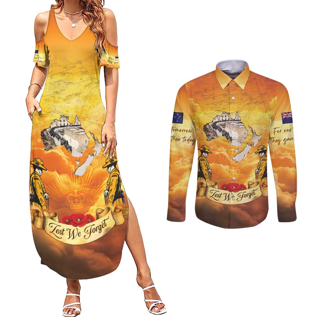 New Zealand And Australia ANZAC Day Couples Matching Summer Maxi Dress and Long Sleeve Button Shirt Sinai Palestine Campaign Lest We Forget LT05 Orange - Polynesian Pride