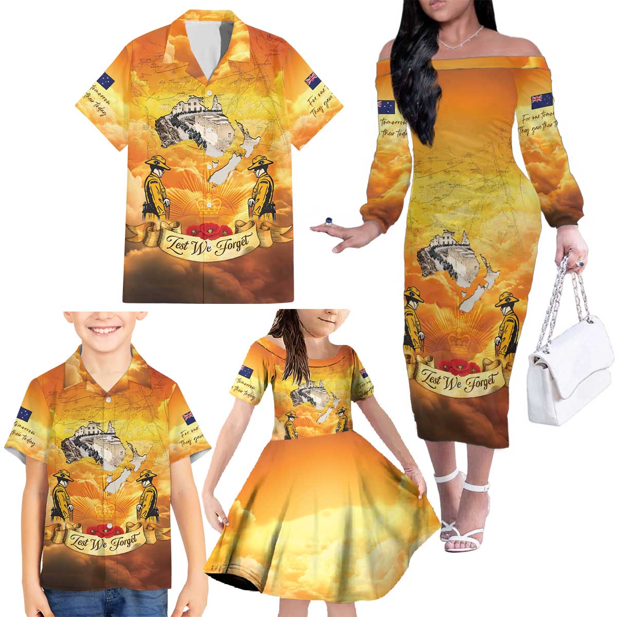 New Zealand And Australia ANZAC Day Family Matching Off The Shoulder Long Sleeve Dress and Hawaiian Shirt Sinai Palestine Campaign Lest We Forget LT05 - Polynesian Pride