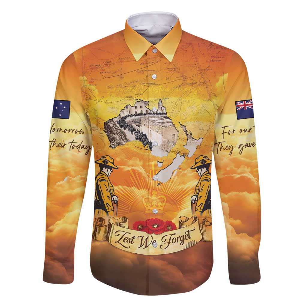 New Zealand And Australia ANZAC Day Family Matching Off Shoulder Short Dress and Hawaiian Shirt Sinai Palestine Campaign Lest We Forget LT05 Dad's Shirt - Long Sleeve Orange - Polynesian Pride