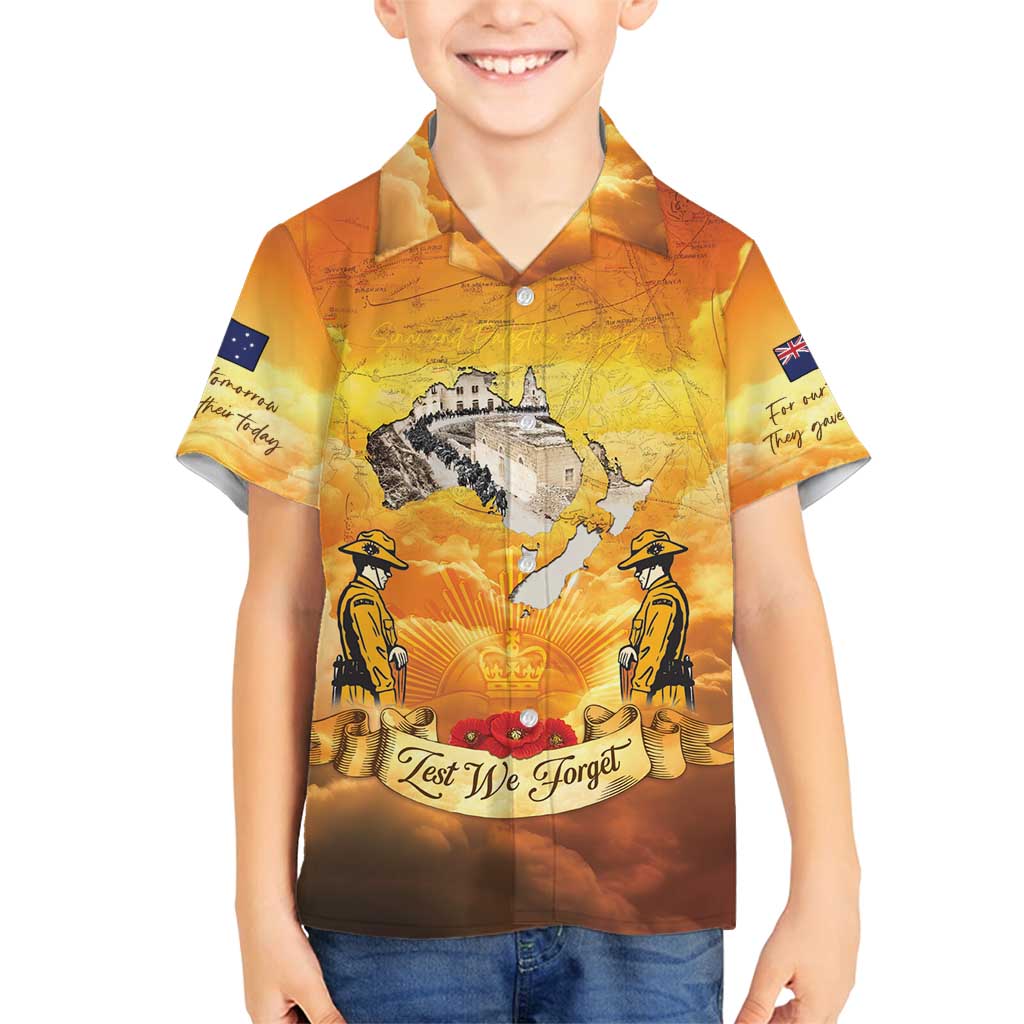 New Zealand And Australia ANZAC Day Family Matching Puletasi and Hawaiian Shirt Sinai Palestine Campaign Lest We Forget LT05 Son's Shirt Orange - Polynesian Pride