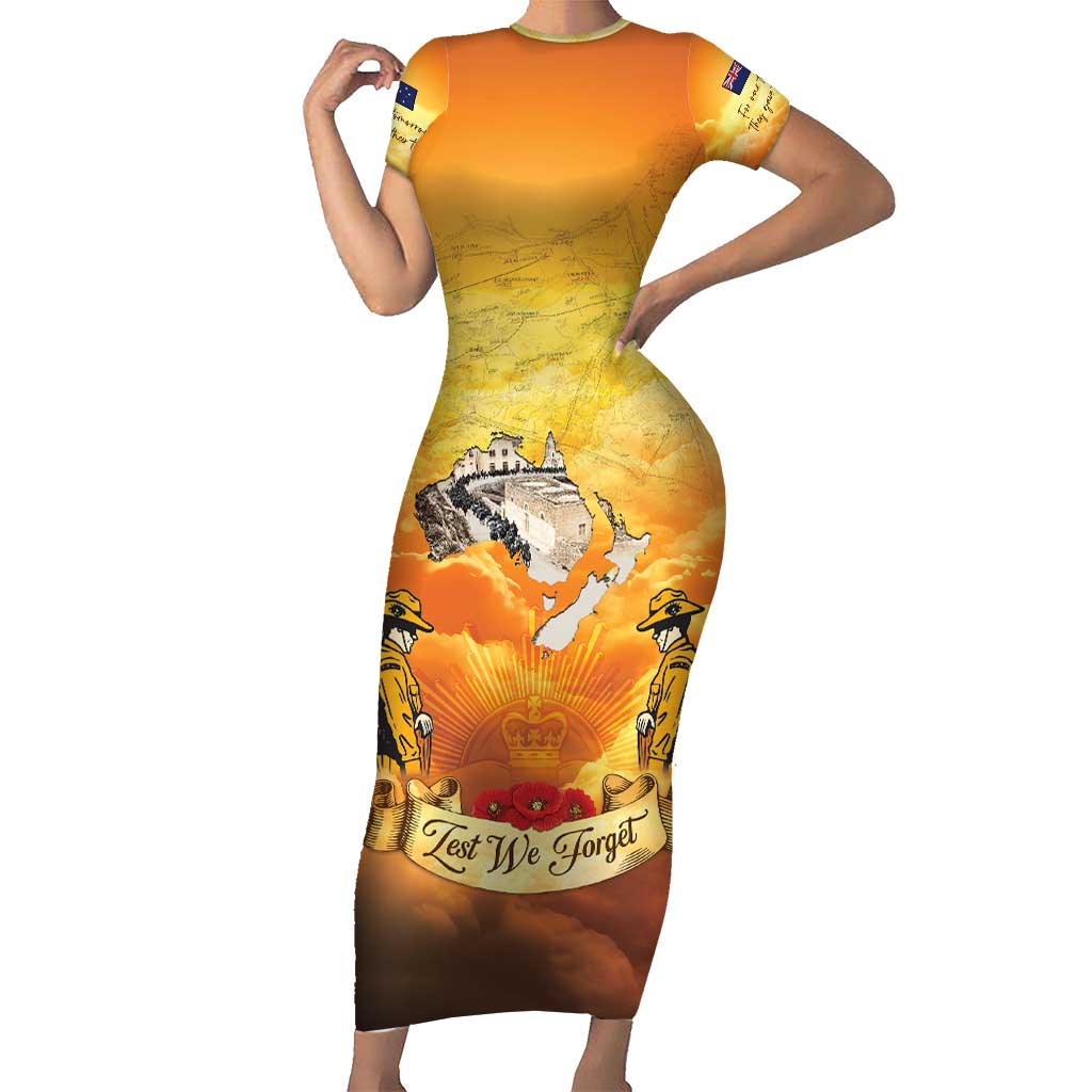 New Zealand And Australia ANZAC Day Family Matching Short Sleeve Bodycon Dress and Hawaiian Shirt Sinai Palestine Campaign Lest We Forget LT05 Mom's Dress Orange - Polynesian Pride