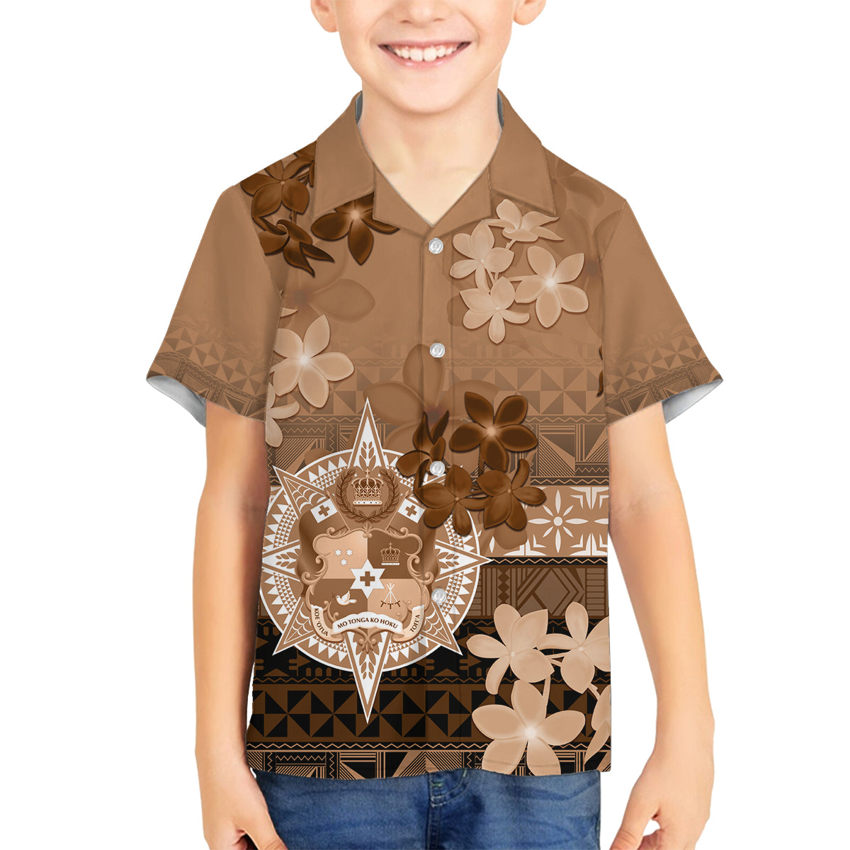 Tonga Emancipation Day Family Matching Off Shoulder Maxi Dress and Hawaiian Shirt Tongan Kupesi Ngatu Pattern Vintage Style LT05 Son's Shirt Brown - Polynesian Pride