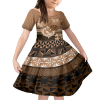 Tonga Emancipation Day Family Matching Off Shoulder Short Dress and Hawaiian Shirt Tongan Kupesi Ngatu Pattern Vintage Style LT05 Daughter's Dress Brown - Polynesian Pride