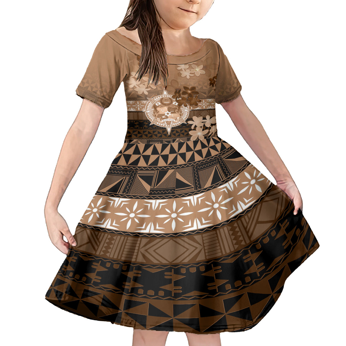 Tonga Emancipation Day Family Matching Tank Maxi Dress and Hawaiian Shirt Tongan Kupesi Ngatu Pattern Vintage Style LT05 Daughter's Dress Brown - Polynesian Pride