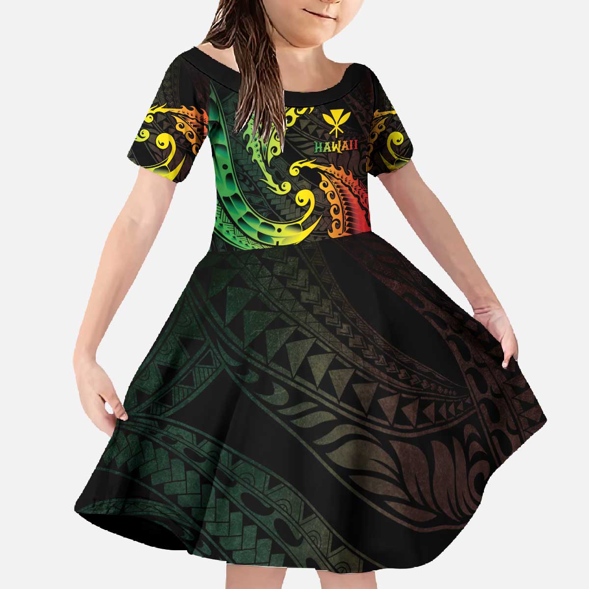 AAPI Heritage Month Family Matching Off The Shoulder Long Sleeve Dress and Hawaiian Shirt Kanaka Maoli Polynesian Tribal Wave LT05 Daughter's Dress Reggae - Polynesian Pride