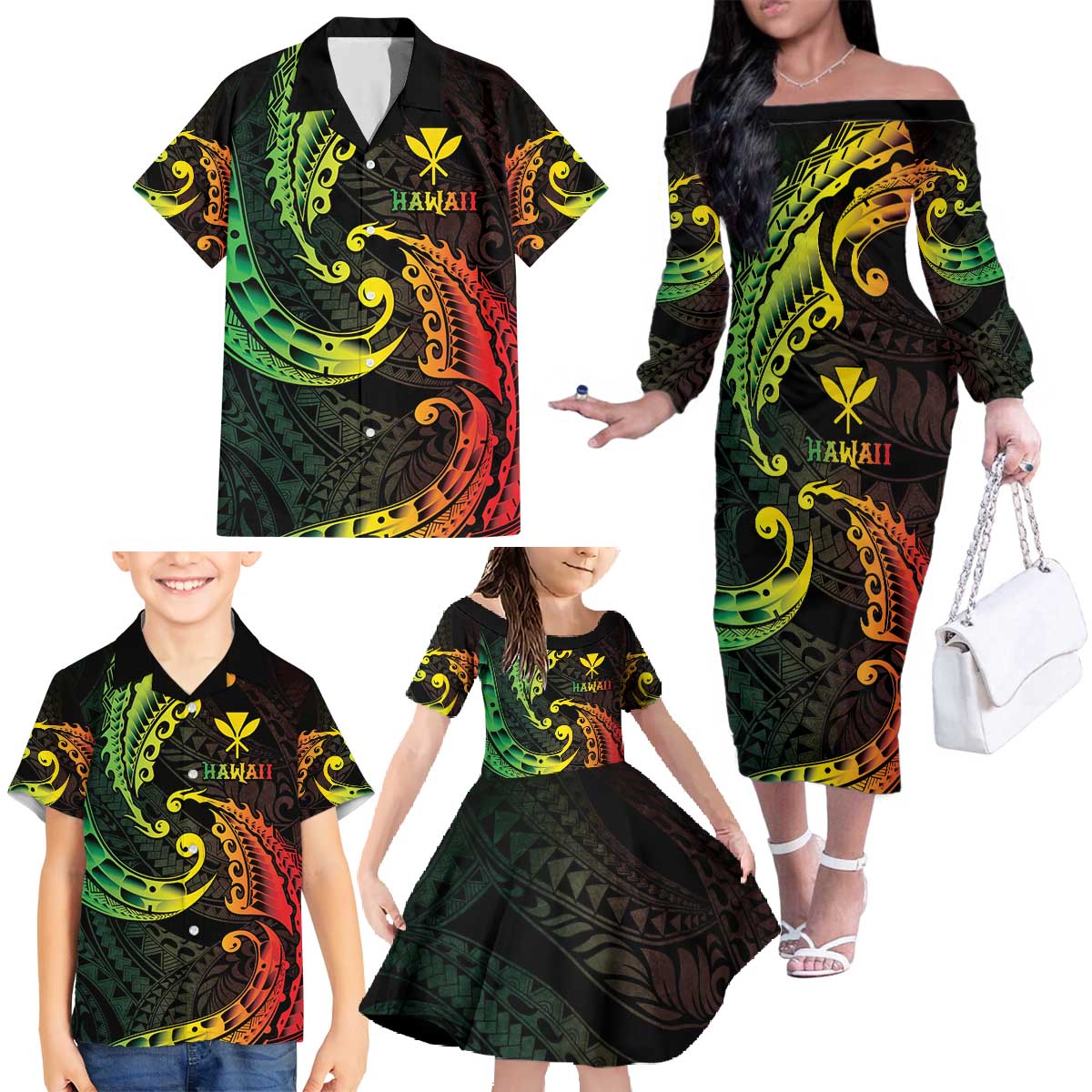 AAPI Heritage Month Family Matching Off The Shoulder Long Sleeve Dress and Hawaiian Shirt Kanaka Maoli Polynesian Tribal Wave LT05 - Polynesian Pride