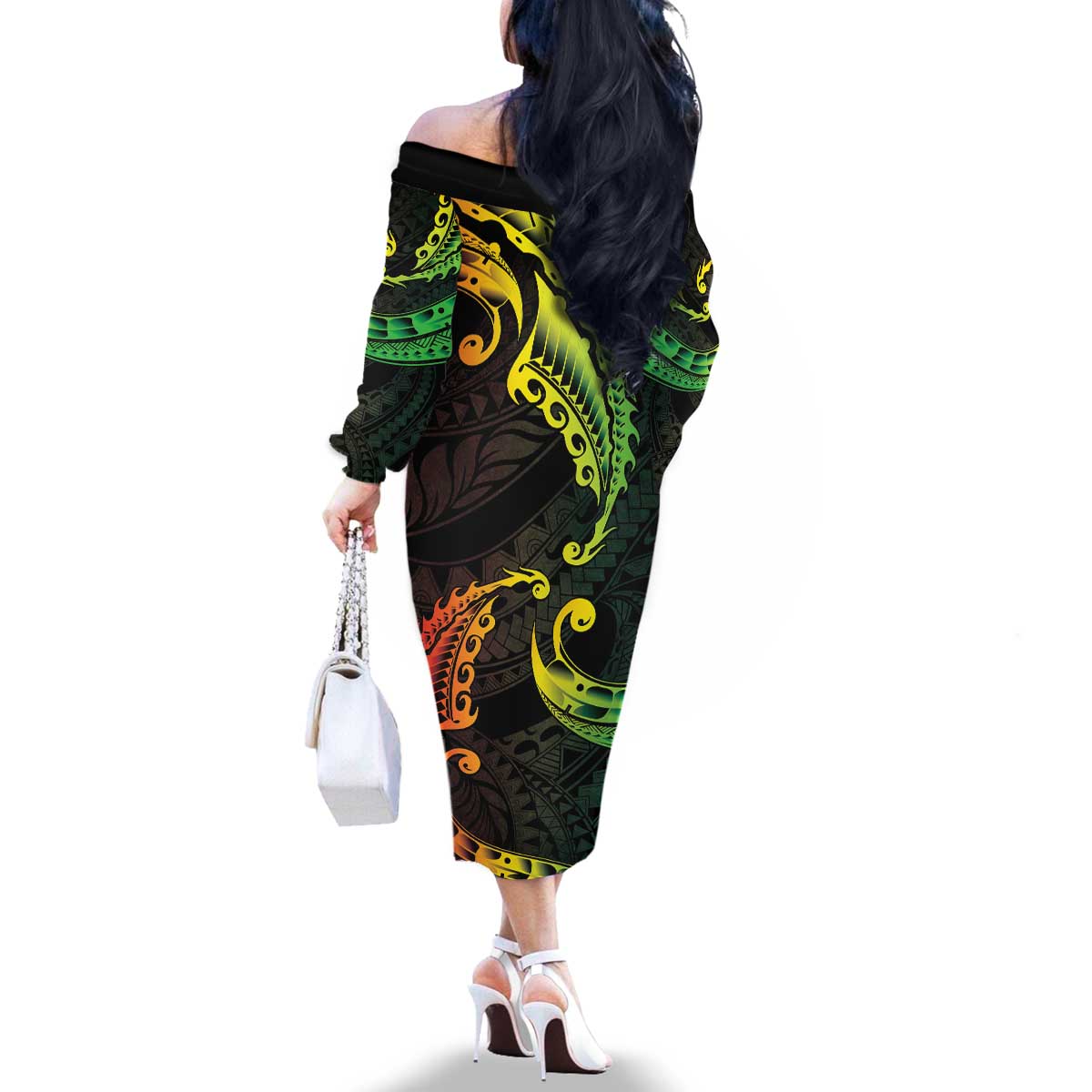 AAPI Heritage Month Family Matching Off The Shoulder Long Sleeve Dress and Hawaiian Shirt Kanaka Maoli Polynesian Tribal Wave LT05 - Polynesian Pride