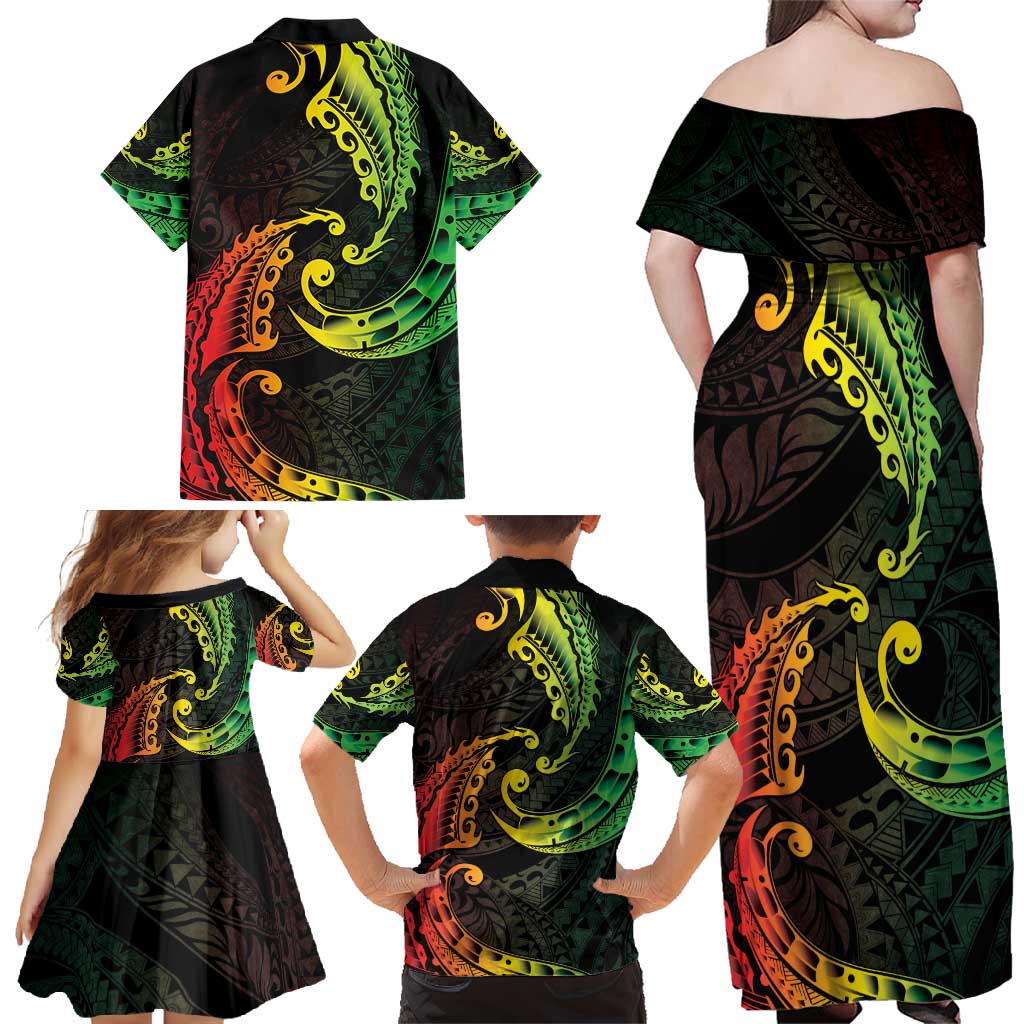 AAPI Heritage Month Family Matching Off Shoulder Maxi Dress and Hawaiian Shirt Kanaka Maoli Polynesian Tribal Wave