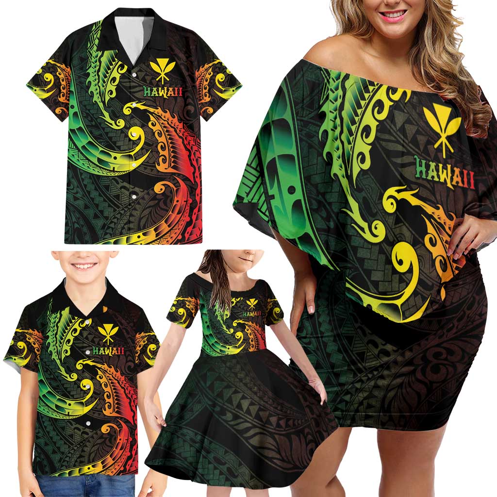 AAPI Heritage Month Family Matching Off Shoulder Short Dress and Hawaiian Shirt Kanaka Maoli Polynesian Tribal Wave LT05 - Polynesian Pride