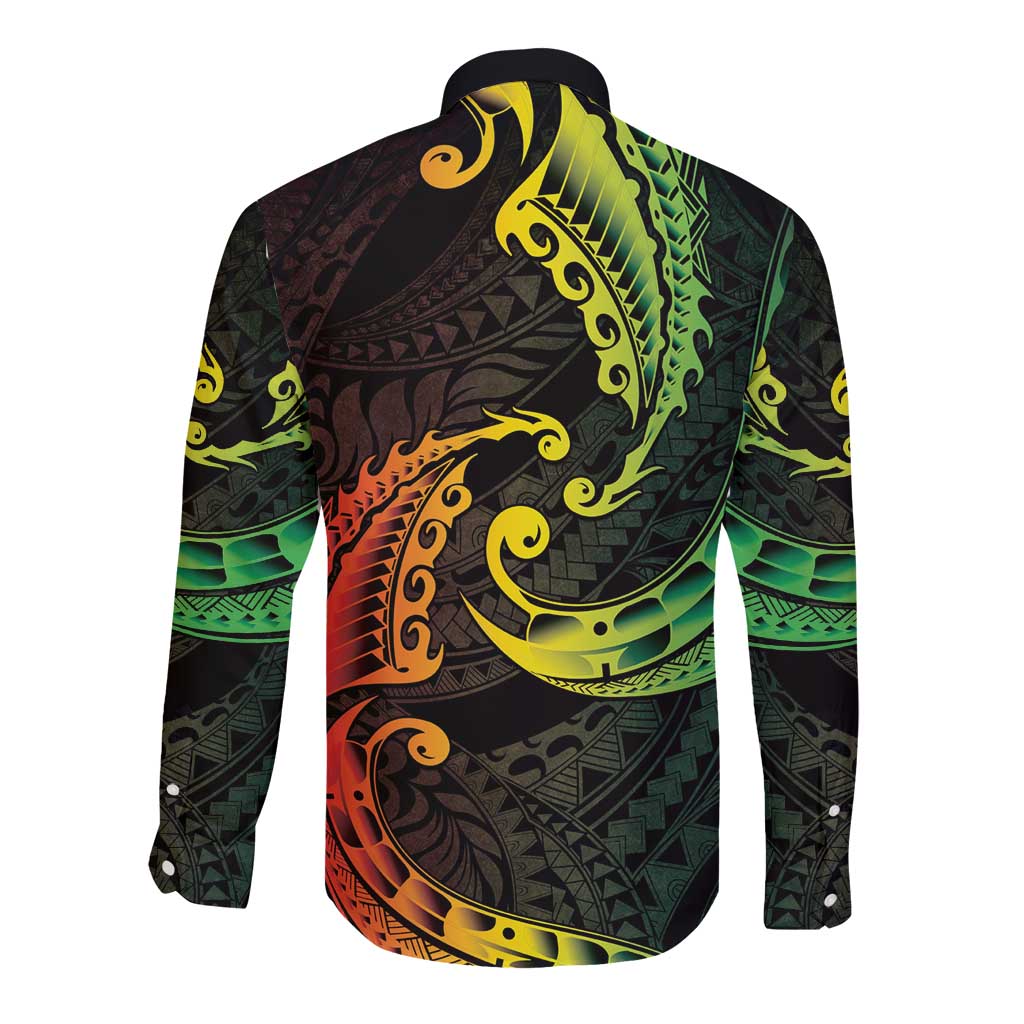 AAPI Heritage Month Long Sleeve Button Shirt Kanaka Maoli Polynesian Tribal Wave