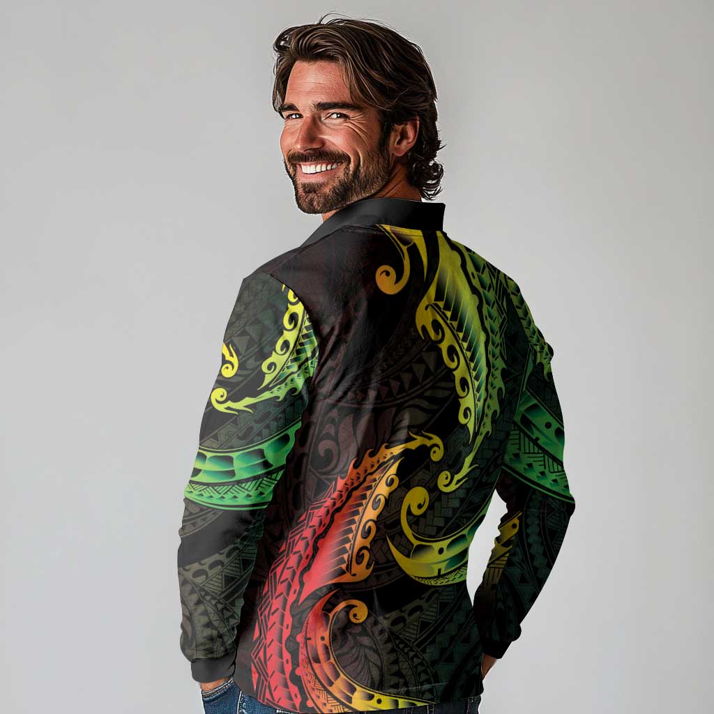 AAPI Heritage Month Long Sleeve Polo Shirt Kanaka Maoli Polynesian Tribal Wave