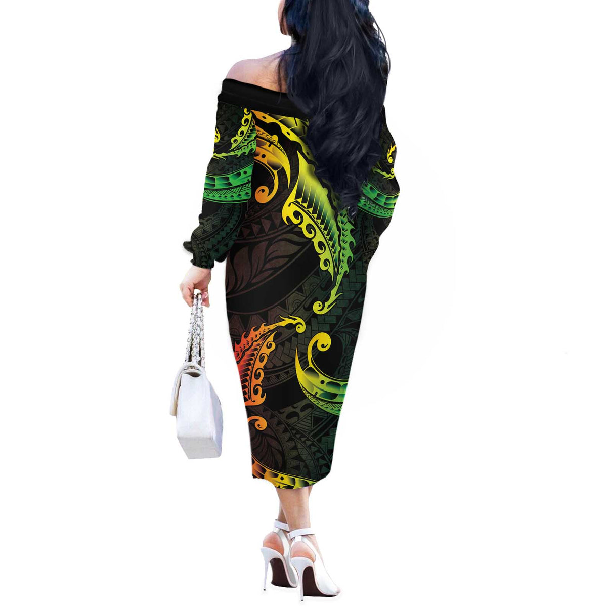 AAPI Heritage Month Off The Shoulder Long Sleeve Dress Kanaka Maoli Polynesian Tribal Wave LT05 - Polynesian Pride