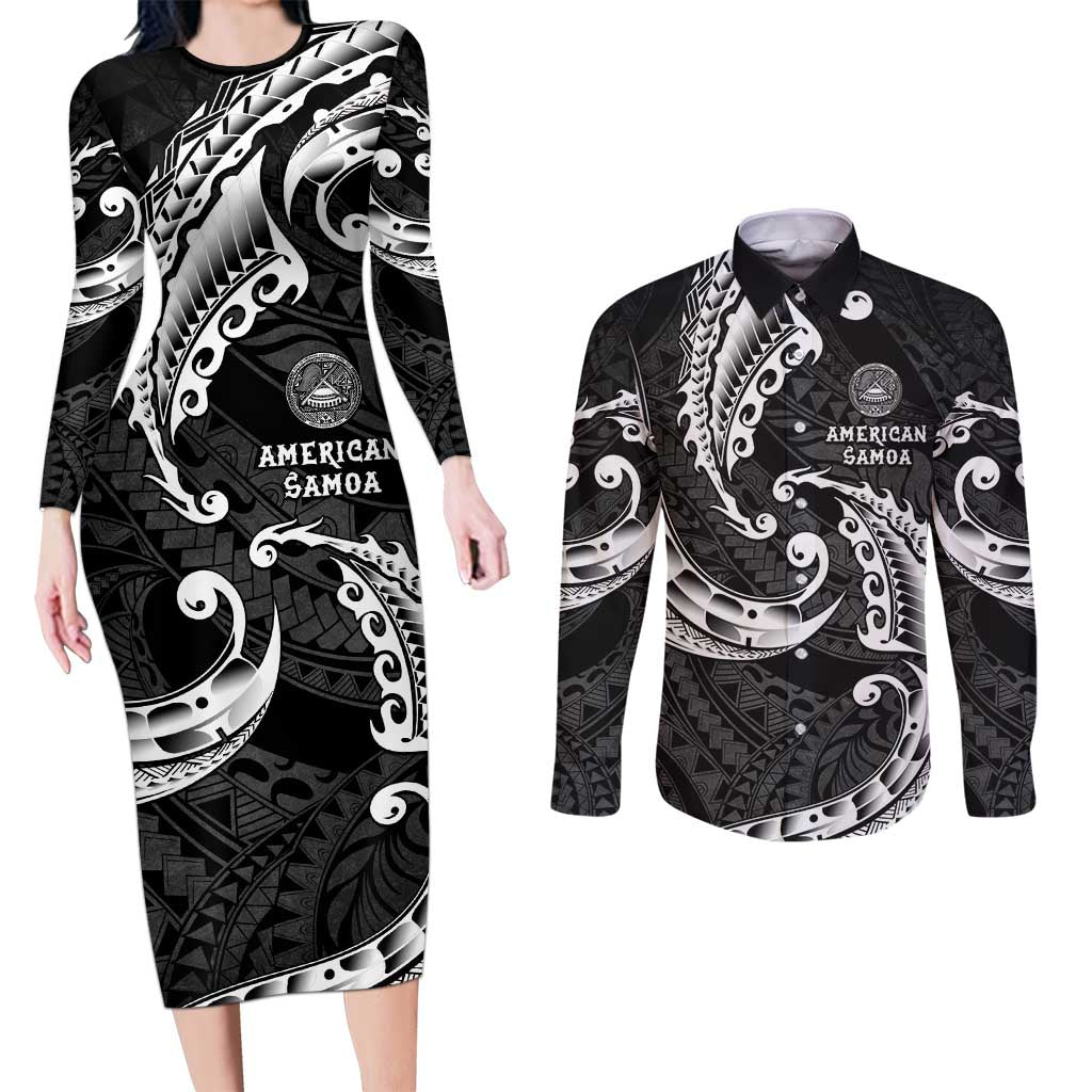 AAPI Heritage Month Couples Matching Long Sleeve Bodycon Dress and Long Sleeve Button Shirt American Samoa Polynesian Tribal Wave