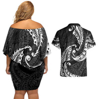 AAPI Heritage Month Couples Matching Off Shoulder Short Dress and Hawaiian Shirt American Samoa Polynesian Tribal Wave