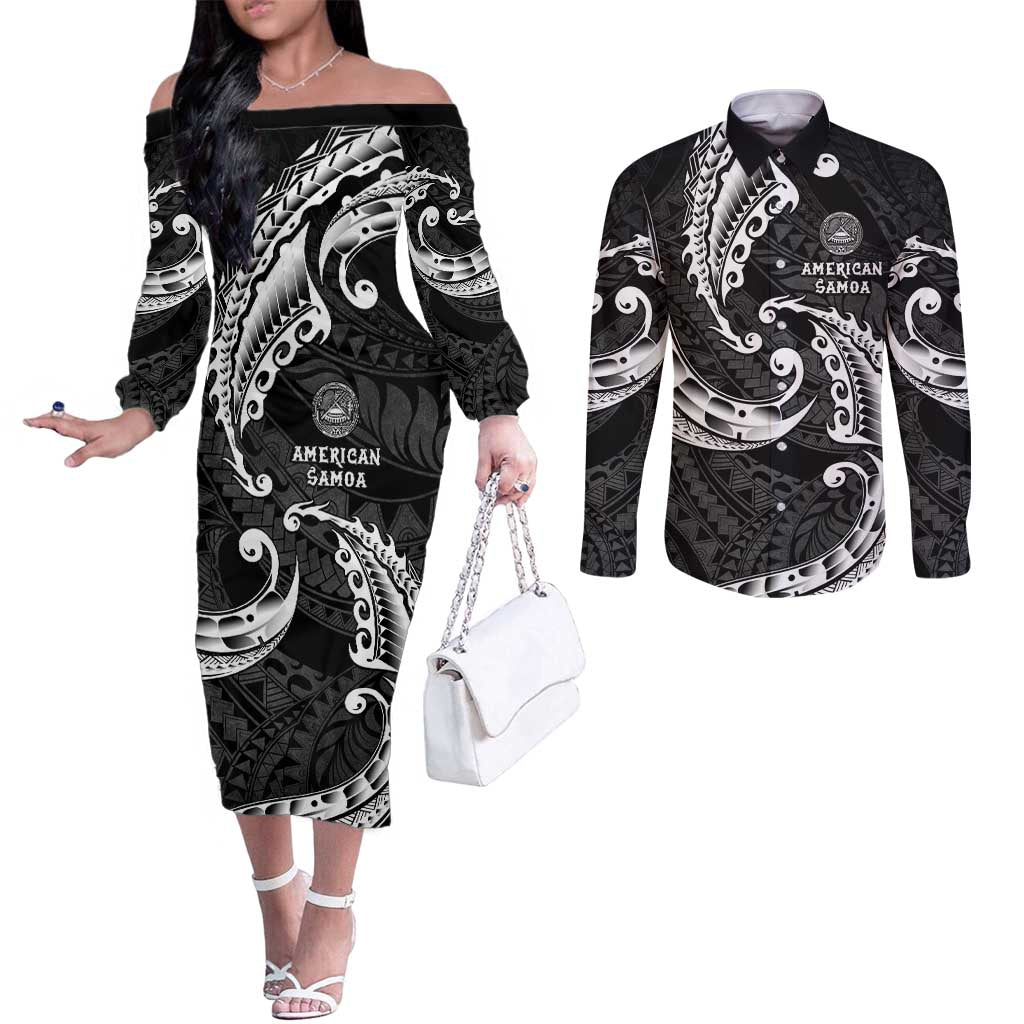 AAPI Heritage Month Couples Matching Off The Shoulder Long Sleeve Dress and Long Sleeve Button Shirt American Samoa Polynesian Tribal Wave