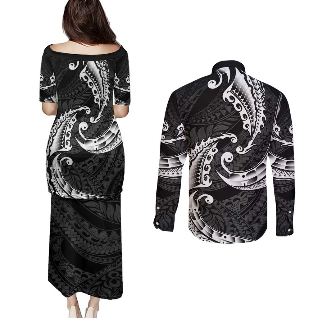 AAPI Heritage Month Couples Matching Puletasi and Long Sleeve Button Shirt American Samoa Polynesian Tribal Wave