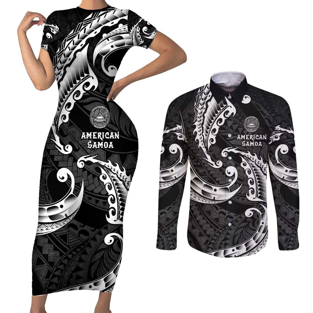 AAPI Heritage Month Couples Matching Short Sleeve Bodycon Dress and Long Sleeve Button Shirt American Samoa Polynesian Tribal Wave