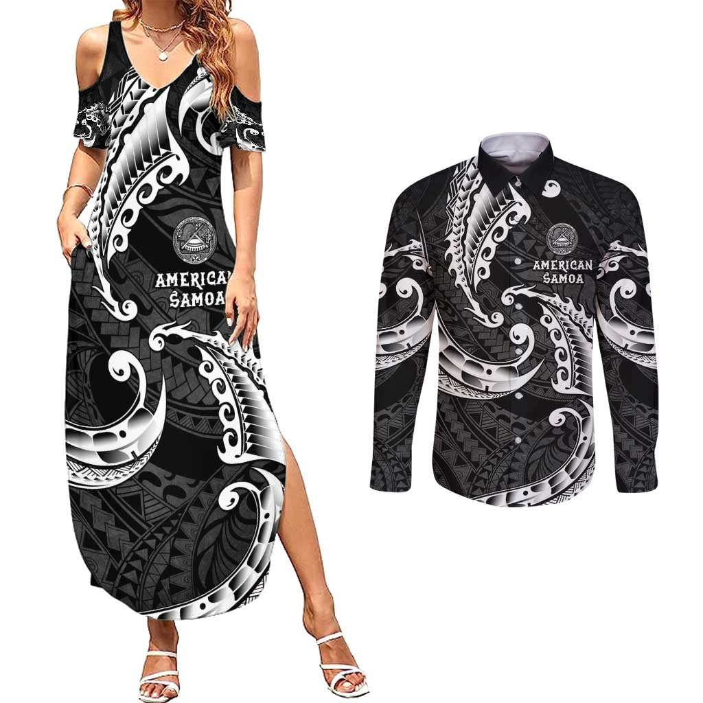 AAPI Heritage Month Couples Matching Summer Maxi Dress and Long Sleeve Button Shirt American Samoa Polynesian Tribal Wave