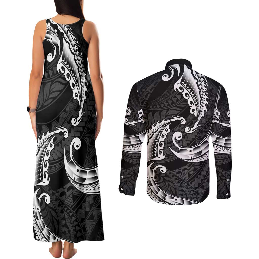 AAPI Heritage Month Couples Matching Tank Maxi Dress and Long Sleeve Button Shirt American Samoa Polynesian Tribal Wave